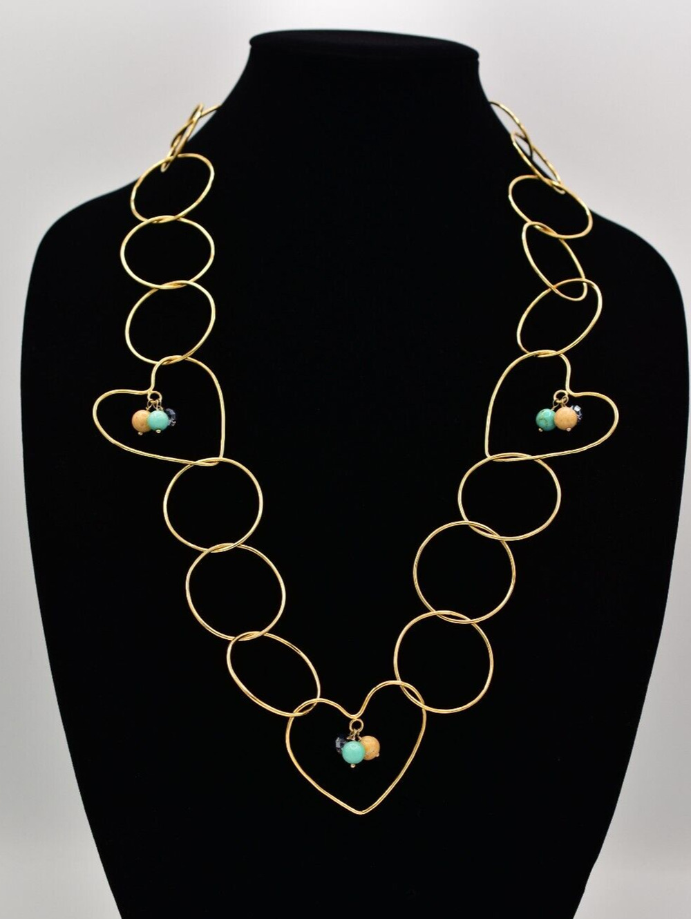 Vintage Heart Dangle Beaded Necklace Linked Gold Tone Chain Chunky 1980s BinBL